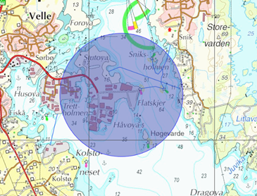 Kart over Husøy kommune med markert restriksjonsområde