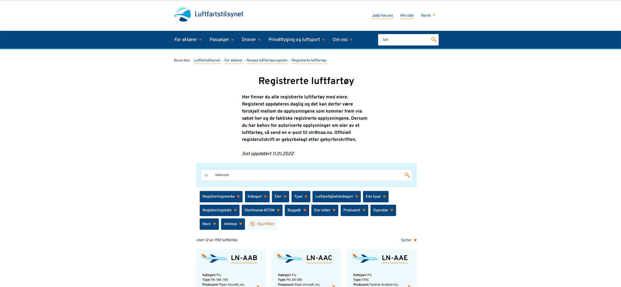 Skjermdump av Norges luftfartøyregister